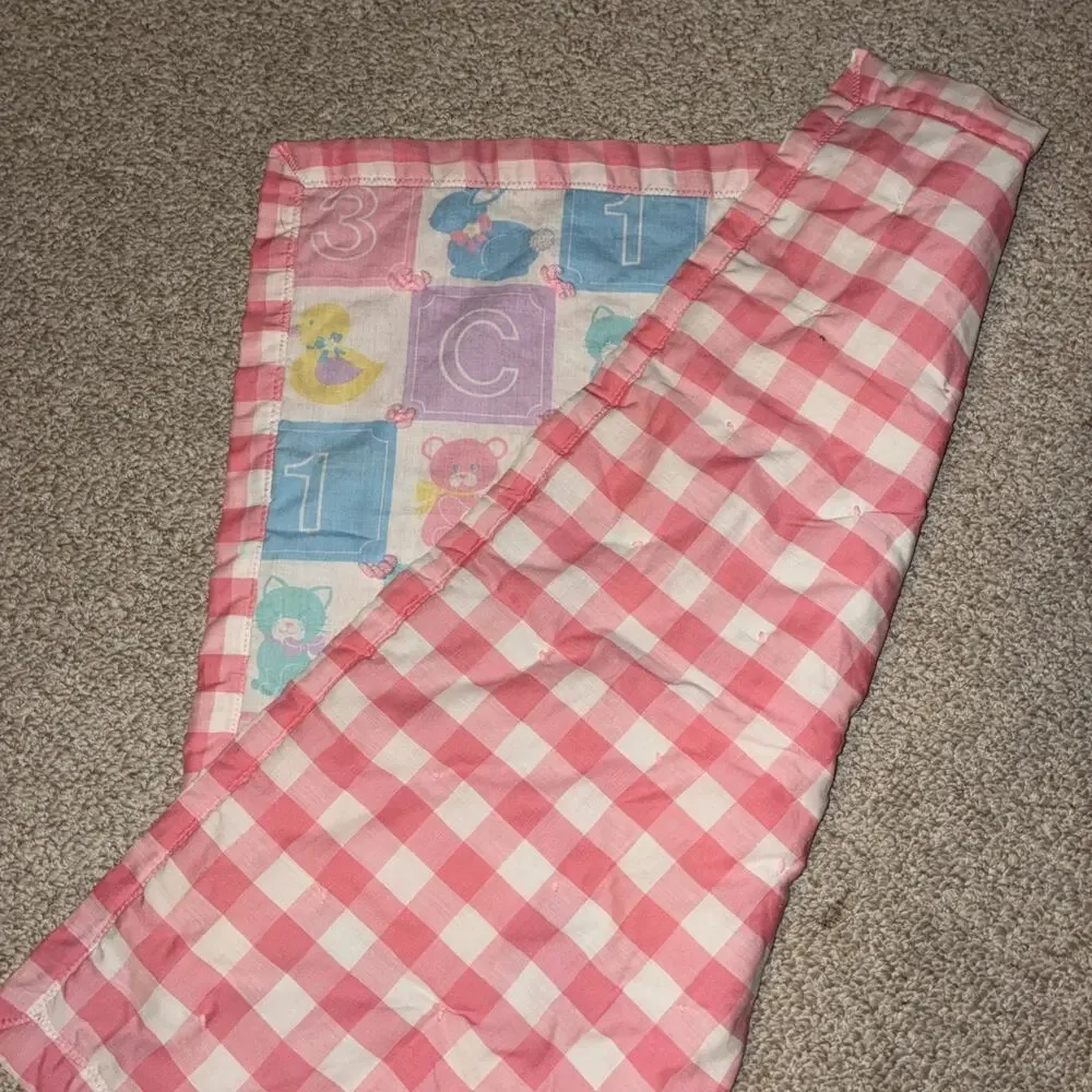 Vintage Handmade Baby Quilt Pastel Blocks Number Letter 123‎ ABC Bear Bunny Duck